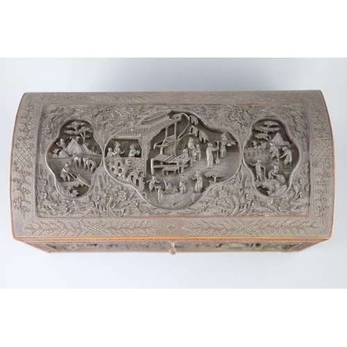 258 - A large Chinese carved sandalwood box, 19th century, the domed top and sides carved in high relief a... 