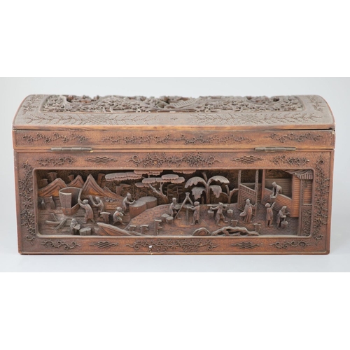 258 - A large Chinese carved sandalwood box, 19th century, the domed top and sides carved in high relief a... 