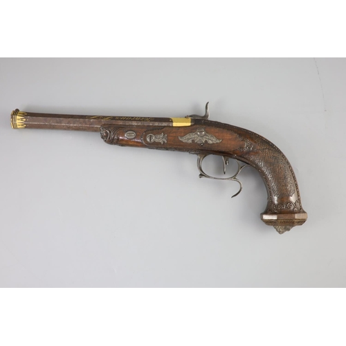 26 - A late 18th/ early 19th century French gold inlaid pistol by Henraux with finely carved walnut stock... 