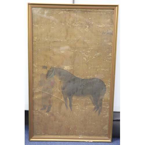 268 - After Zhou Mengfu, painting on silk of a horse and groom, probably Ming or early Qing dynasty, inscr... 