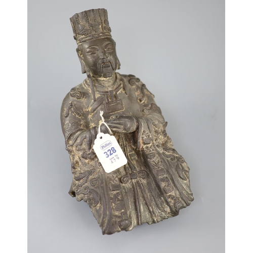 276 - A Chinese Daoist bronze seated figure of Wenchang Wang, late Ming dynasty, his robes cast in relief ... 