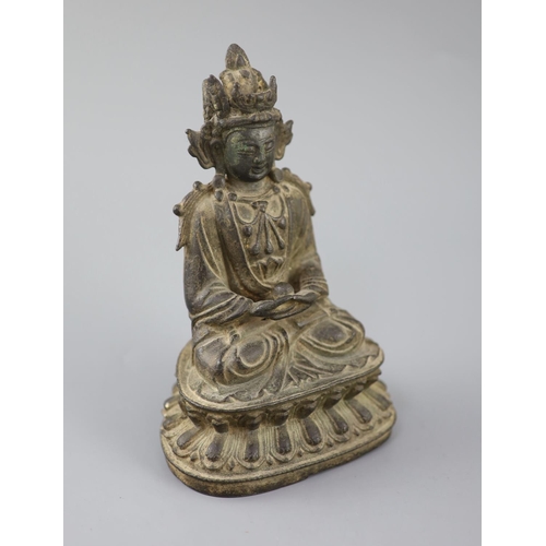 277 - A Chinese bronze figure Amitayus, 17th century, the crowned figure holding his hands in dhyana mudra... 