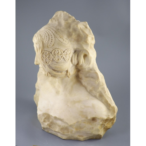 28 - Galileo Pochini (19th C.). A carved alabaster bust of a medieval lady, inscribed 'de la Valliere', s... 