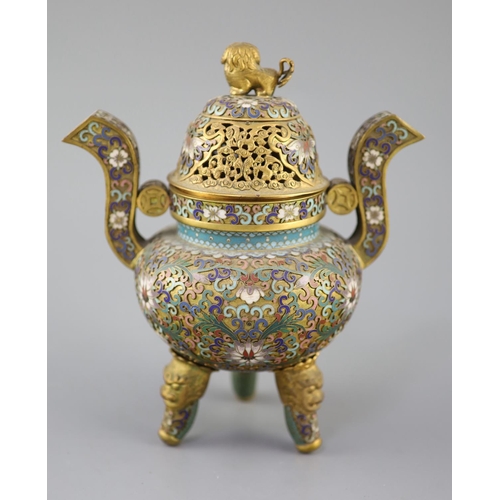 282 - A Chinese cloisonne enamel and gilt copper tripod censer, early Republic period, c.1920, decorated w... 