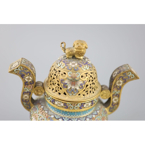 282 - A Chinese cloisonne enamel and gilt copper tripod censer, early Republic period, c.1920, decorated w... 