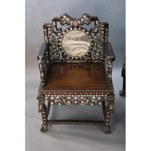 283 - An impressive pair of Chinese hongmu and mother of pearl inlaid throne armchairs, c.1910, each decor... 