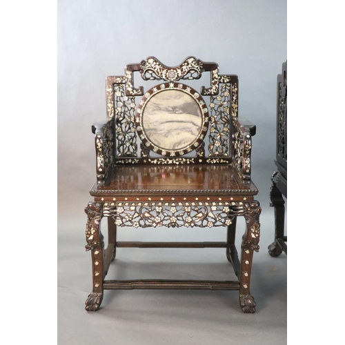 283 - An impressive pair of Chinese hongmu and mother of pearl inlaid throne armchairs, c.1910, each decor... 