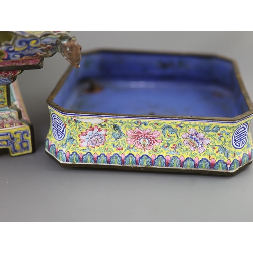 285 - A Chinese Canton (Guangzhou) enamel stand and two similar dishes, Qianlong period, sections from a o... 