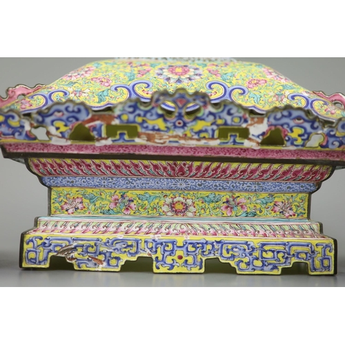 285 - A Chinese Canton (Guangzhou) enamel stand and two similar dishes, Qianlong period, sections from a o... 