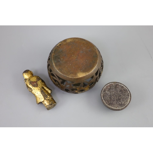 286 - A Chinese bronze drum-shaped stand, a gilt bronze figure of a monk, 17th/18th century and a silver a... 