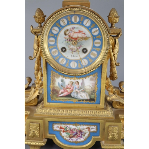 296 - A 19th century Louis XVI style ormolu and Sevres style porcelain clock garniture, the mantel clock o... 