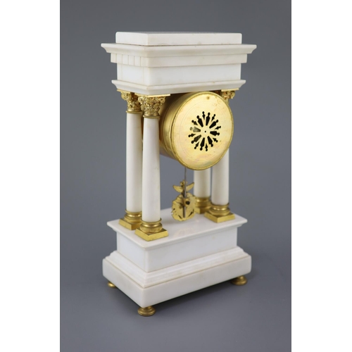 297 - A Louis XVI style ormolu mounted white marble clock garniture, with Portico clock flanked by a pair ... 