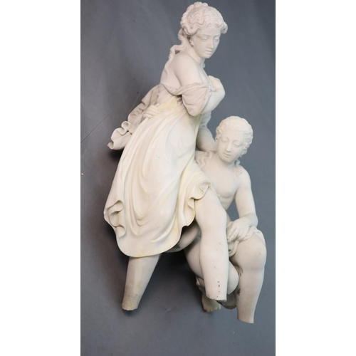 30 - A white marble group of two classical bathers, one partially clad, the other a kneeling nude, height... 