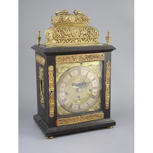 302 - A William III ebonised cased and gilt metal double basket topped chiming and quarter repeating table... 