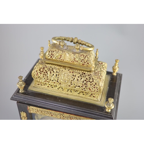 302 - A William III ebonised cased and gilt metal double basket topped chiming and quarter repeating table... 