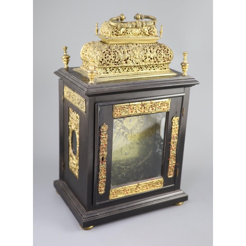 302 - A William III ebonised cased and gilt metal double basket topped chiming and quarter repeating table... 