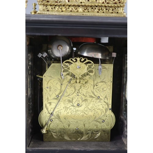 302 - A William III ebonised cased and gilt metal double basket topped chiming and quarter repeating table... 