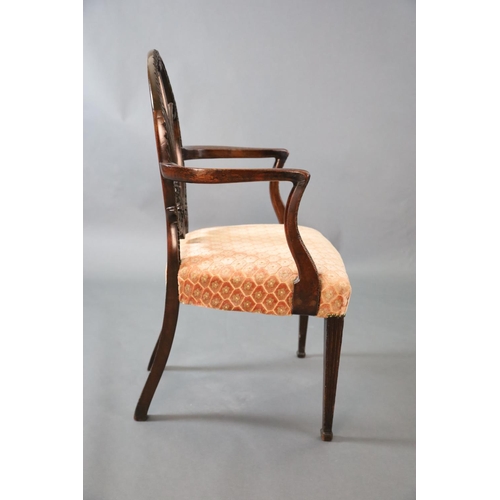 317 - A George III Hepplewhite style mahogany elbow chair, with slender Prince of Wales feather splat, out... 