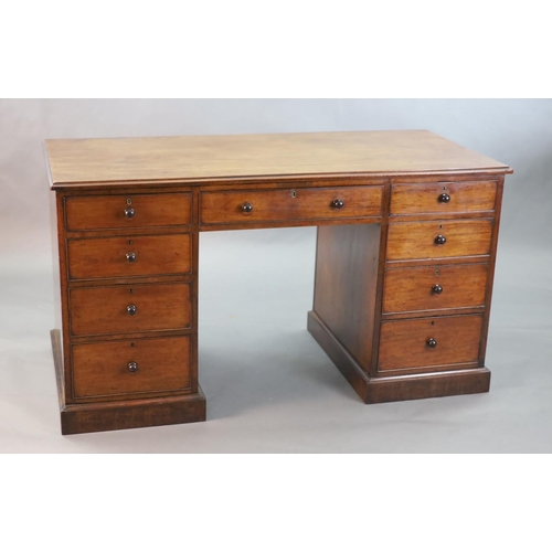 318 - A George III mahogany kneehole desk, with plain rectangular top and nine drawers, fitted knob handle... 