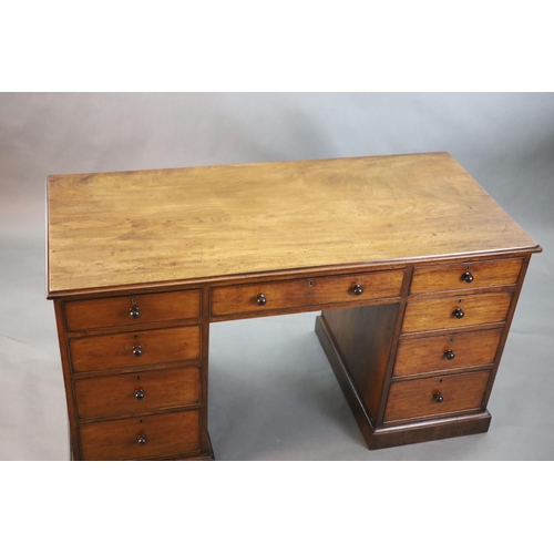 318 - A George III mahogany kneehole desk, with plain rectangular top and nine drawers, fitted knob handle... 