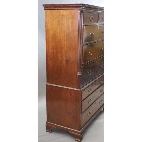 321 - A George III mahogany chest on chest, with dentil cornice, two short and six graduated long drawers,... 