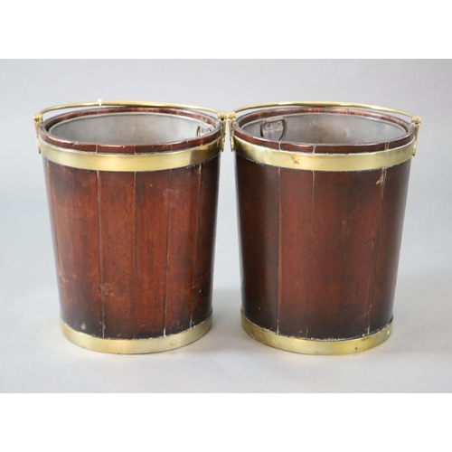 323 - A pair of George III brass bound mahogany peat buckets, with swing handles and tin liners, W.1ft 3in... 