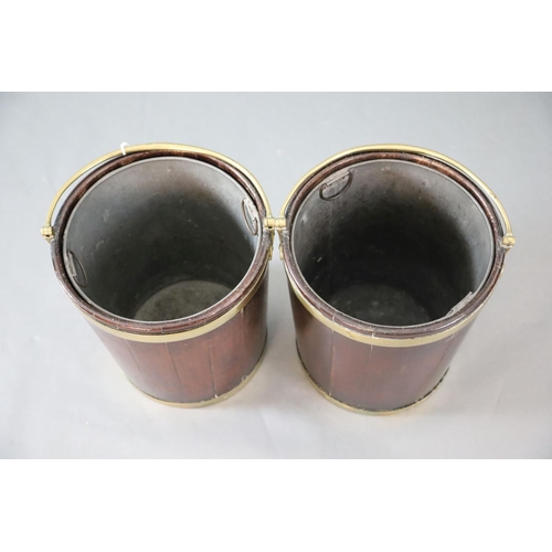 323 - A pair of George III brass bound mahogany peat buckets, with swing handles and tin liners, W.1ft 3in... 