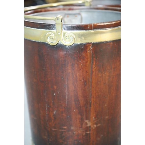 323 - A pair of George III brass bound mahogany peat buckets, with swing handles and tin liners, W.1ft 3in... 