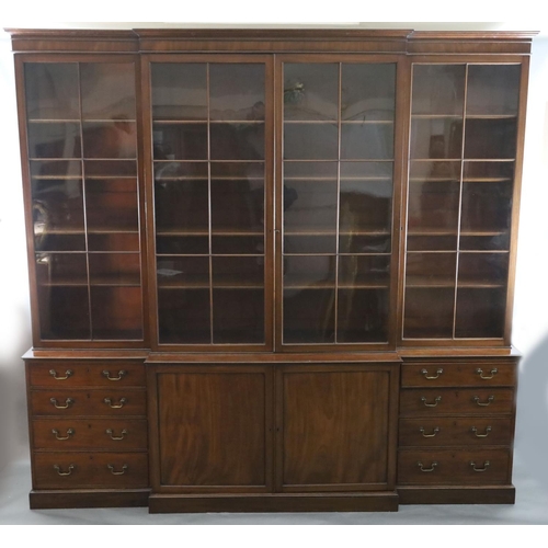 324 - A George III mahogany breakfront library bookcase, with moulded cornice and four astragal glazed doo... 