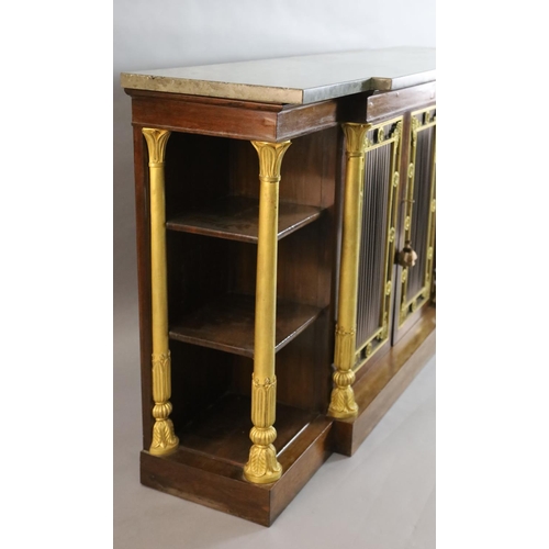 327 - A Regency ormolu mounted rosewood breakfront side cabinet, with grey marble top and two central ormo... 