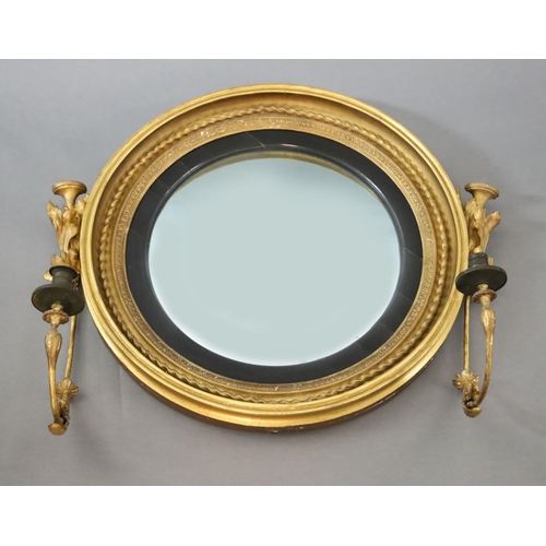 330 - A William IV giltwood and gesso convex girandole, with ropetwist frame, ebonised slip and foliate sc... 