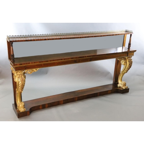 331 - A pair of William IV parcel gilt rosewood console tables, with pierced brass anthemion galleries, si... 