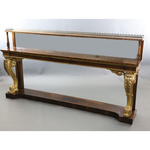 331 - A pair of William IV parcel gilt rosewood console tables, with pierced brass anthemion galleries, si... 