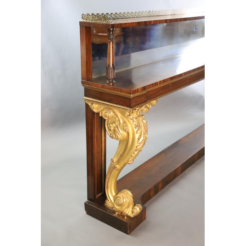 331 - A pair of William IV parcel gilt rosewood console tables, with pierced brass anthemion galleries, si... 