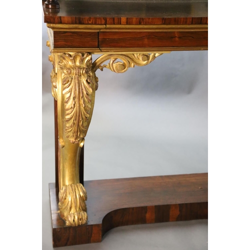 331 - A pair of William IV parcel gilt rosewood console tables, with pierced brass anthemion galleries, si... 