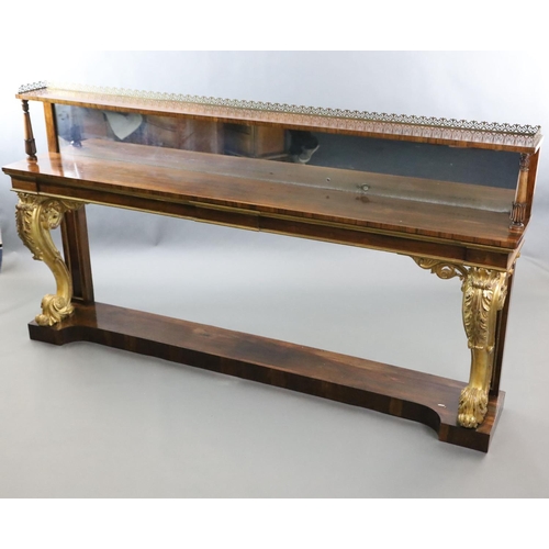 331 - A pair of William IV parcel gilt rosewood console tables, with pierced brass anthemion galleries, si... 