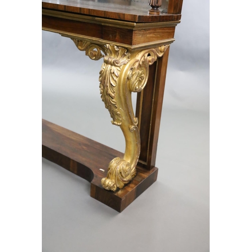 331 - A pair of William IV parcel gilt rosewood console tables, with pierced brass anthemion galleries, si... 