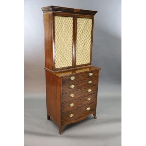 332 - A Regency mahogany secretaire bookcase, with initialled dentil cornice and two brass grilled doors e... 