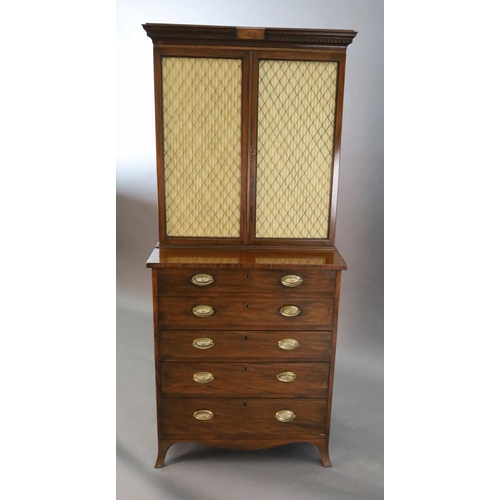 332 - A Regency mahogany secretaire bookcase, with initialled dentil cornice and two brass grilled doors e... 