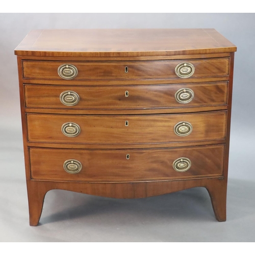 336 - A Regency crossbanded mahogany bowfront chest, of four graduated long drawers, on swept bracket feet... 