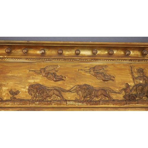 337 - A Regency style giltwood and composite overmantel mirror, late 19th century, decorated with lion dra... 