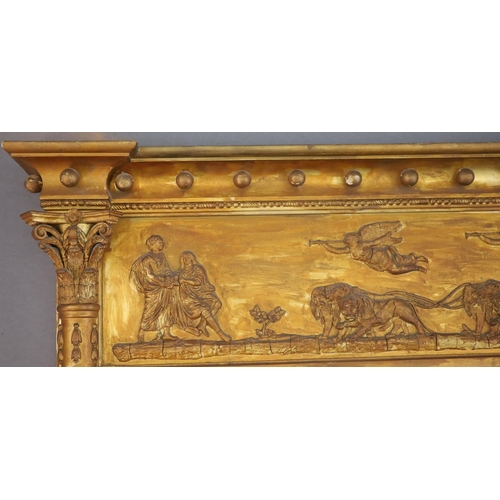 337 - A Regency style giltwood and composite overmantel mirror, late 19th century, decorated with lion dra... 