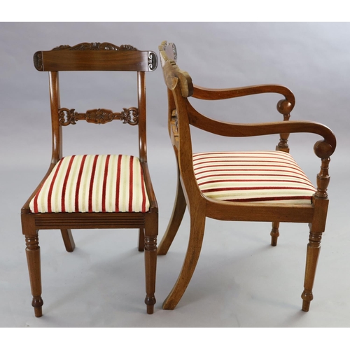 338 - A set of ten William IV mahogany dining chairs including two carvers, with scroll carved frames and ... 