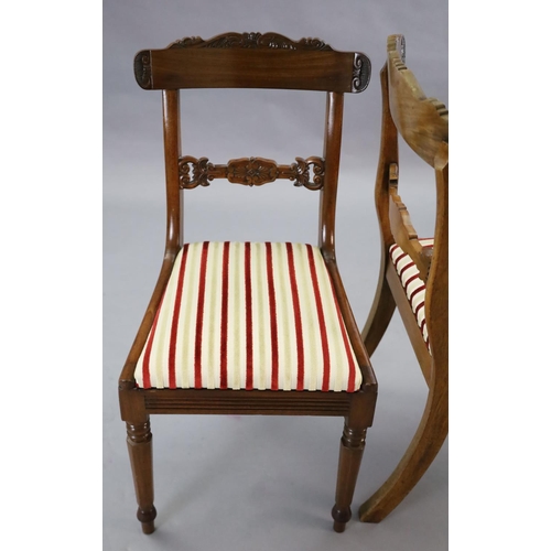 338 - A set of ten William IV mahogany dining chairs including two carvers, with scroll carved frames and ... 