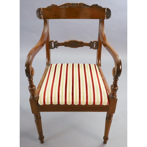 338 - A set of ten William IV mahogany dining chairs including two carvers, with scroll carved frames and ... 