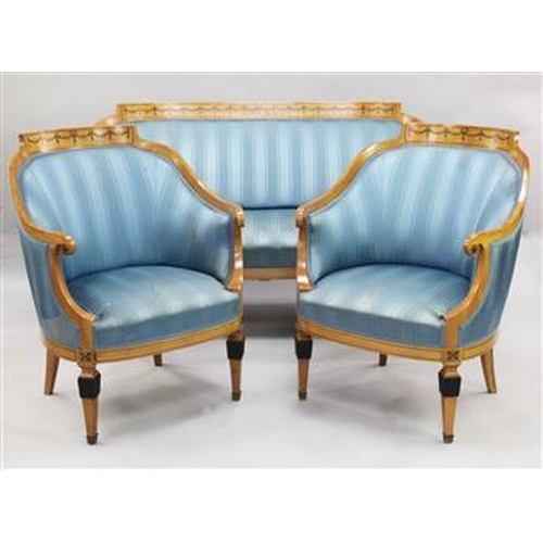 340 - A Biedermeier satin birch three piece suite, with bell flower inlay, upholstered in blue stripe silk... 