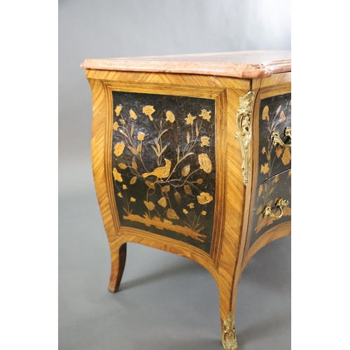 343 - A French Louis XV style kingwood and ormolu mounted serpentine bombe commode, with veined pink marbl... 