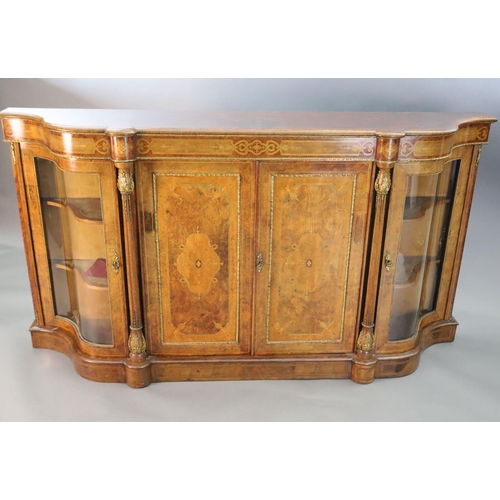 348 - A Victorian figured walnut and marquetry side cabinet, with inlaid frieze and two panelled doors fla... 