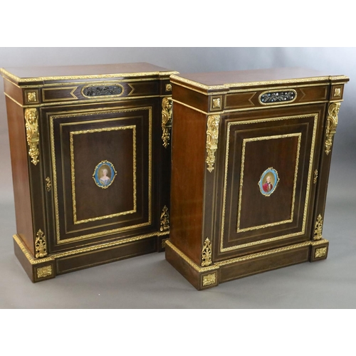 349 - A pair of 19th century French ormolu mounted walnut pier cabinets, inset with pietra dura and porcel... 