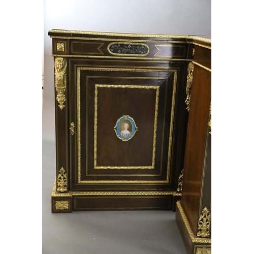 349 - A pair of 19th century French ormolu mounted walnut pier cabinets, inset with pietra dura and porcel... 